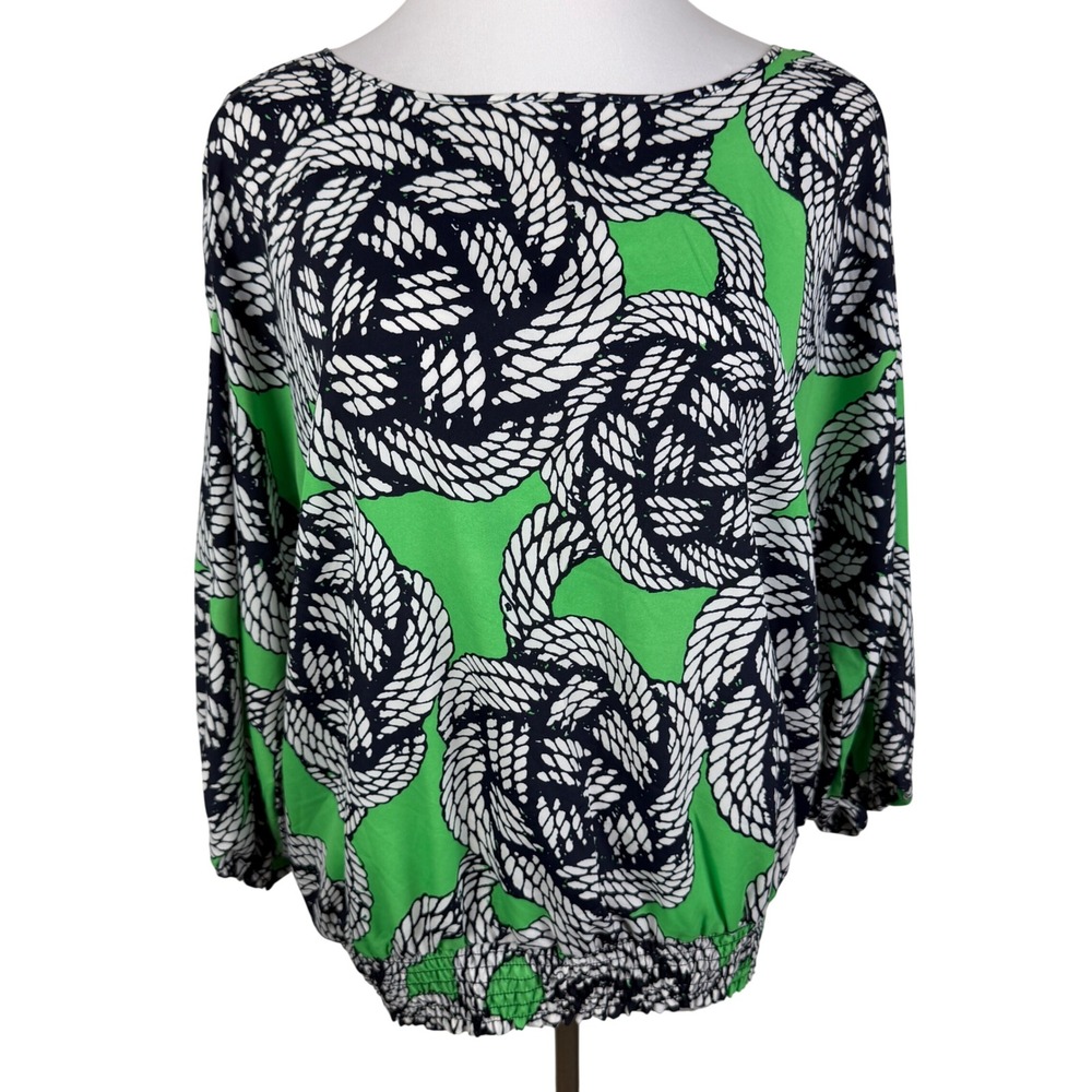 New York & Company Green Nautical‎ Rope Print Blouse Smocked Hem Women's Large